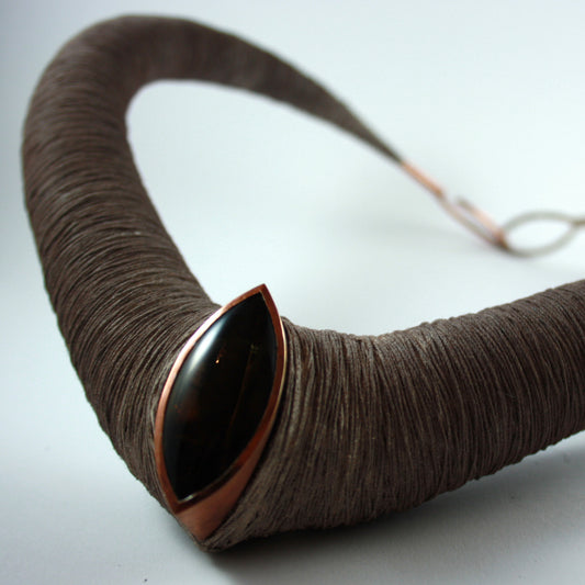 Textile Choker Smoky Quartz Yarn Resin 925 Silver Sand-colored