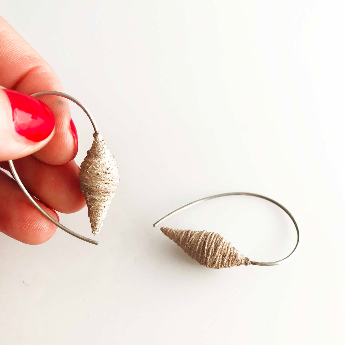 Textile earrings 925 silver hoops wrapped with yarn and resin sand